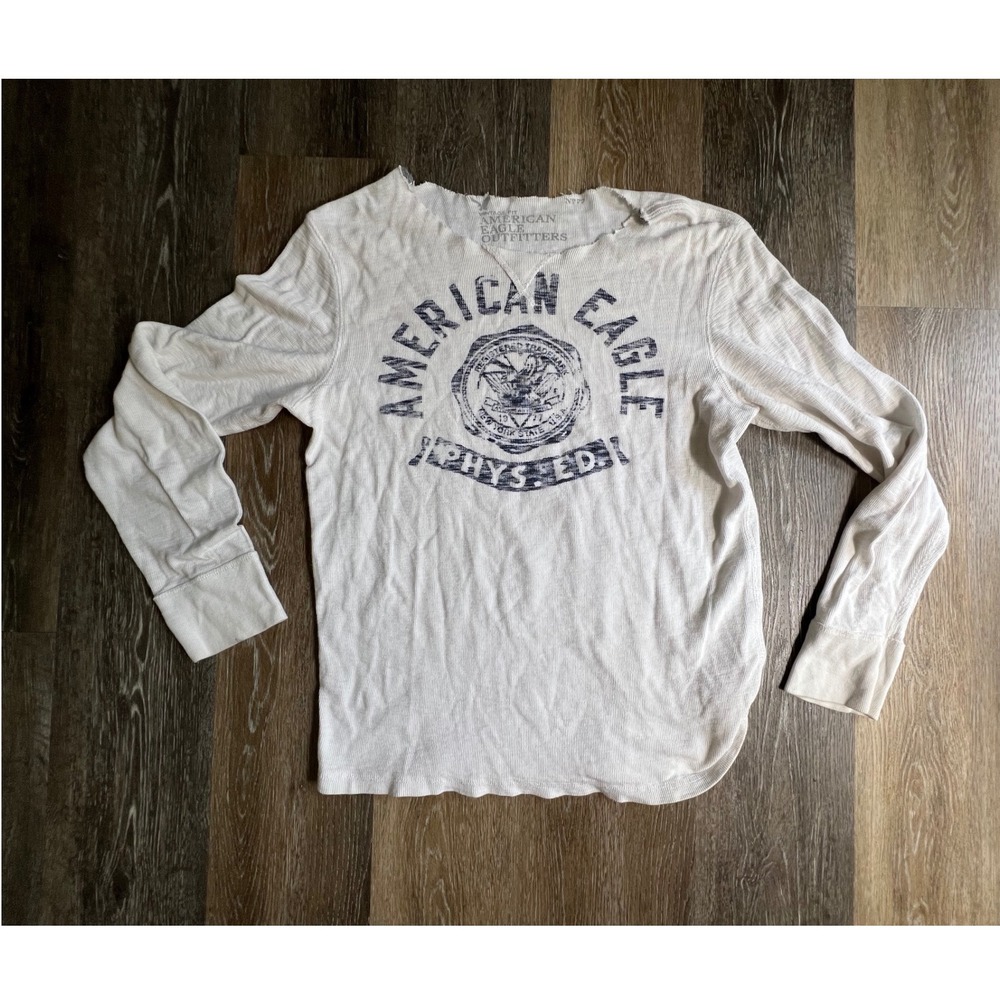 American Eagle Thermal Shirt Mens Large White Vintage Fit Phys Ed Distressed - Picture 1 of 7